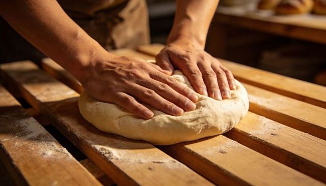Artisan baker pressing and shaping dough on floured wooden workbench, kneading bread
