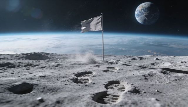 Bootprints leading across lunar surface toward tattered flag with earth rising over horizon