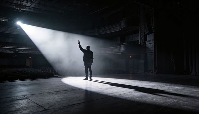 Backlit Solo Performer Raising Victory Sign on Empty Vintage Theater Stage Under Spotlight