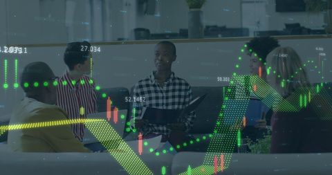 Business Team Discussion with Overlay of Financial Data