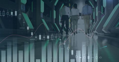 Business team analyzing data in futuristic office environment