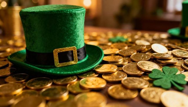 St Patrick green velvet leprechaun hat glittering on scattered gold coins with shamrocks