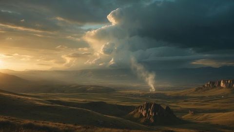 Dramatic Landscape with Smoke Plume and Sun Rays Over Grassland - Download Free Stock Images Pikwizard.com