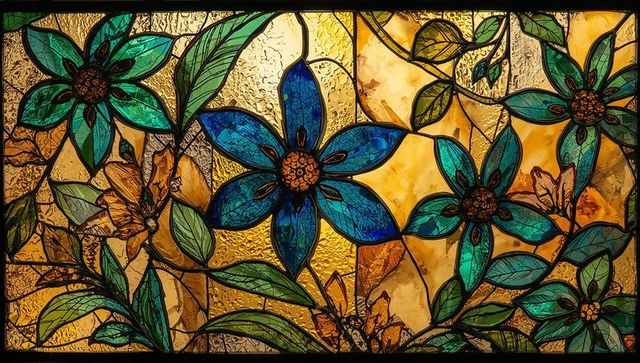 Vibrant floral stained glass art nouveau style
