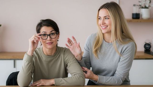 Friends sharing gentle support while adjusting eyeglasses at cozy kitchen table