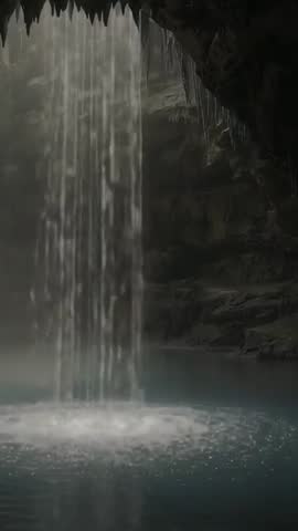 Vertical video of water curtain pouring into turquoise cave pool, forming ripples and misty stalacti