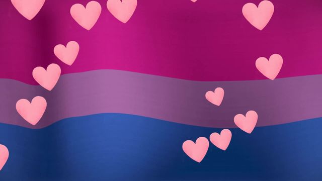 An animated scene depicting pink hearts scattered across the bisexual pride flag colors of pink, purple, and blue. This visual is ideal for representing love and inclusivity within the LGBT community, especially suitable for branding or advertising around Pride Month or inclusivity events.