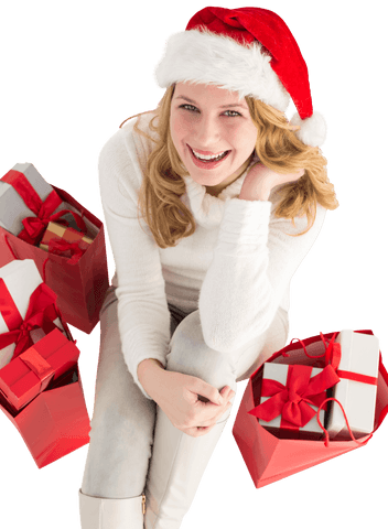Cheerful Woman Santa Hat Shopping Transparent Background
