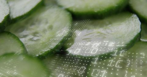 Fresh cucumber slices featuring binary data overlay, digital food technology macro