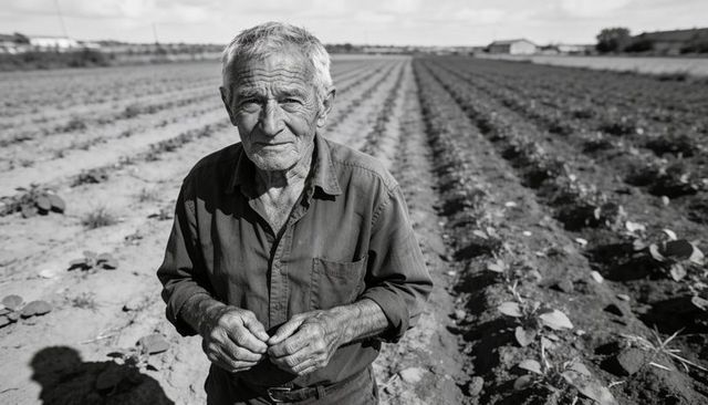 Senior farmer inspecting seedlings in tilled furrows black and white portrait outdoors