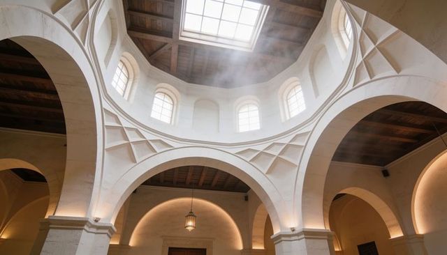 Sunlit domed atrium with clerestory skylight and arched arcade in limestone architecture