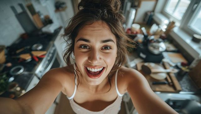 Young Woman Taking Cheerful Selfie in Cozy Kitchen Setup