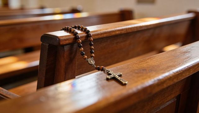 Wooden rosary draping over church pew with metal crucifix and warm wood reflections