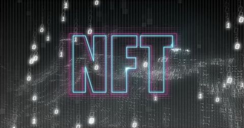 Neon NFT Letters Pulsing in Cyber Matrix with Binary Code and Glitch Effects