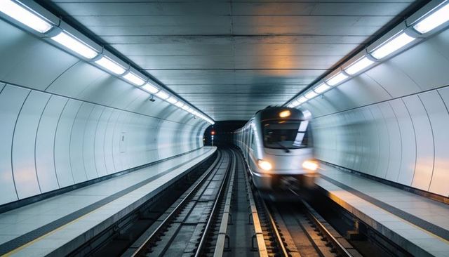 High-speed metro train approaching modern underground tunnel platform with motion blur