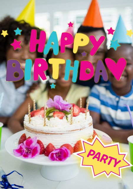 This vibrant image captures an African American family celebrating a birthday at home. Parents and children gather around a decorated cake with candles, all wearing colorful party hats. Ideal for birthday invitation designs, greeting cards, or promotional materials for children's party services.