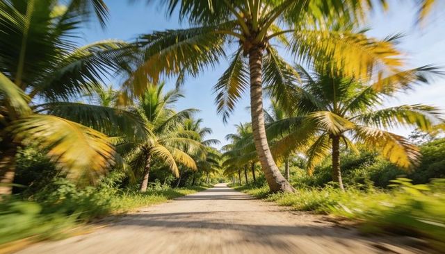 Sunlit palm avenue leading to distant horizon along centered dirt path framing tropical canopy