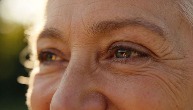Senior woman catching sunset light, closeup eyes with catchlights and smile lines