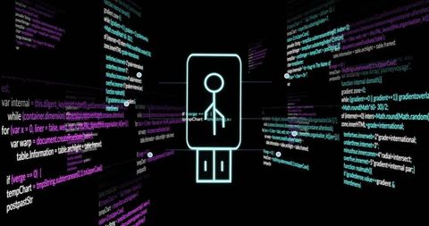 Glowing USB Security Token Hovering in Neon Data Corridor with Floating Code Panels