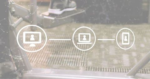 Overlaying smart fitness connectivity icons on treadmill showing linked devices connecting