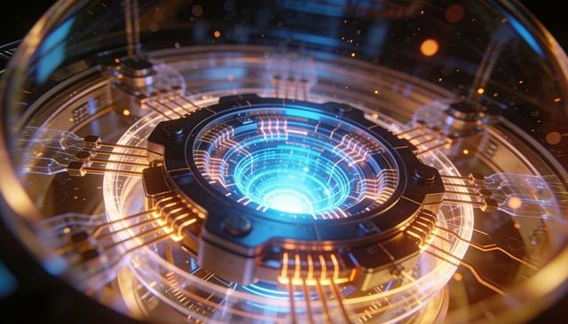 Futuristic reactor core pulsing blue plasma with concentric rings and copper circuitry