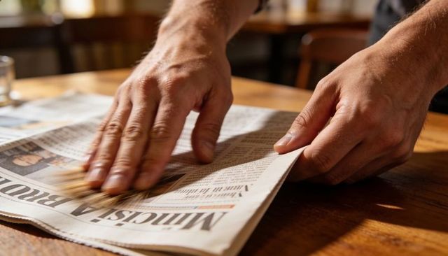 Male hands smoothing folded newspaper on wooden table in warm cafe morning light