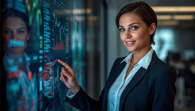 AI-Generated Businesswoman Using Interactive Digital Display in Modern Office