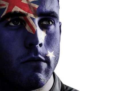 Caucasian man with australian flag face on transparent background