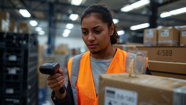 Warehouse worker scanning barcode on carton in distribution center wearing safety vest