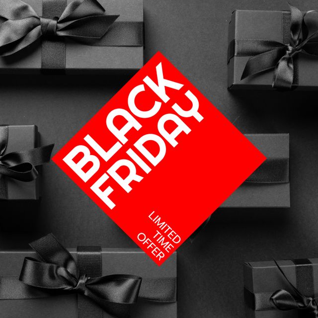 Composition of black friday text over presents. Black friday and celebration concept digitally generated image.