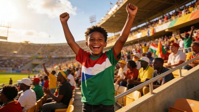 Joyful young fan cheering with raised arms at stadium during soccer victory celebration