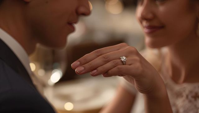 Woman showing solitaire diamond engagement ring during intimate candlelit dinner