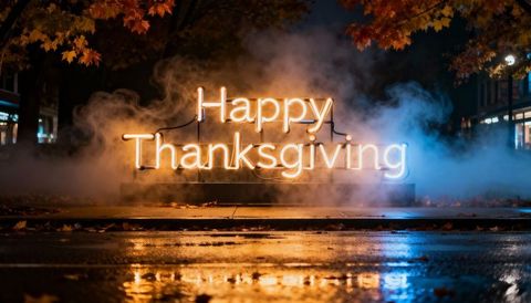 Glowing happy thanksgiving neon sign reflecting on wet street with smoky urban autumn night