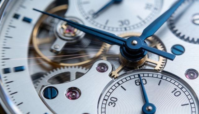 Macro close-up of luxury mechanical watch movement with blued hands and guilloché dial