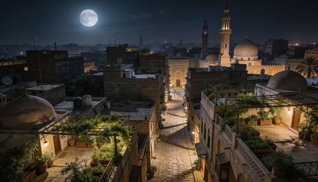 Moonlit cobblestone alley leading to illuminated mosque gateway, rooftop gardens overlook