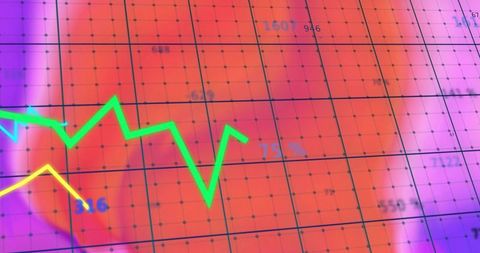 Neon green zigzag line crossing colorful digital grid with yellow trend line, data points