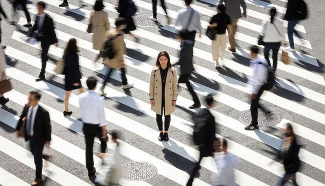 Solitary commuter standing amid blurred rush-hour pedestrian motion on city zebra crosswalk