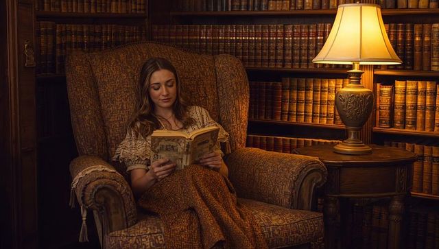 Young woman reading vintage book in cozy lamplit library armchair surrounded by leatherbound books