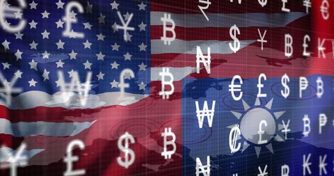 Currency symbols with american and taiwanese flags