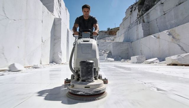 Man operating floor polishing machine on marble quarry for high-gloss finish