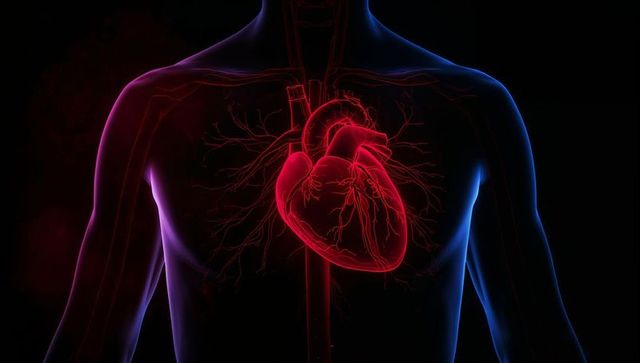 Glowing heart anatomy in translucent chest highlighting coronary arteries and aorta