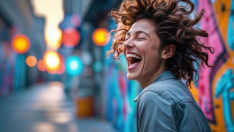 Joyful woman with crazy hair laughing in colorful urban alley at night