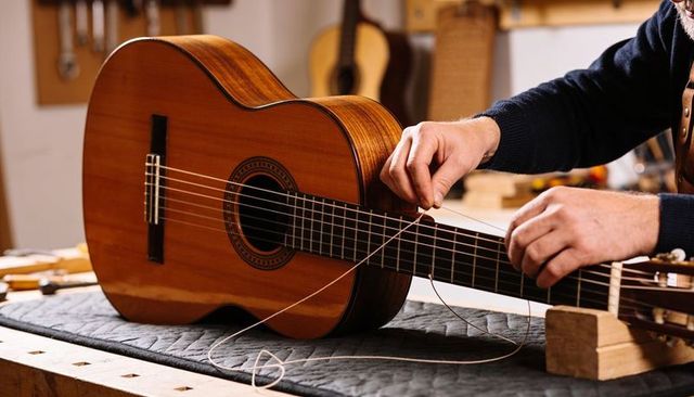 Luthier threading new strings on classical guitar at workbench, wooden instrument repair