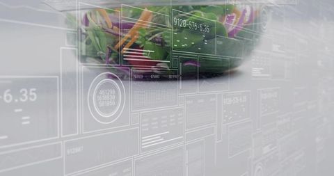 Transparent salad bowl with futuristic hud overlay showing fresh greens and data interface