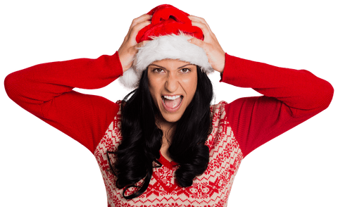 Irritated Woman Wearing Santa Hat on Transparent Background
