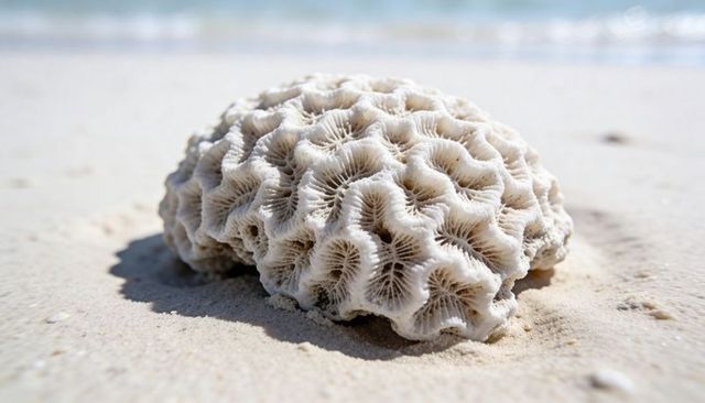 Sunlit bleached brain coral close-up on tropical beach sand showing intricate porous honeycomb patte