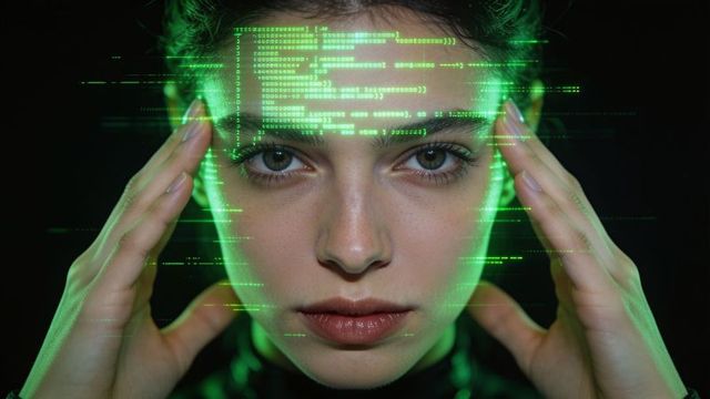 Staring woman pressing temples with neon green holographic code futuristic cyber portrait