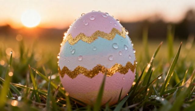 Glistening pastel easter egg with gold zigzag and dew in dawn grass macro bokeh