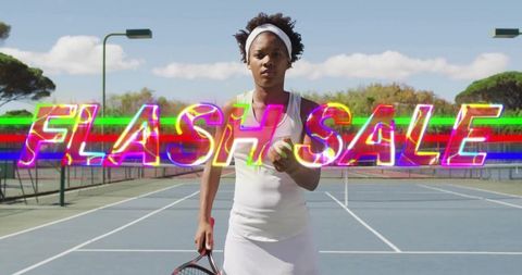 Standing Tennis Player Holding Ball and Racket on Court with Neon FLASH SALE Glitch