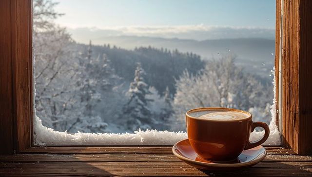 Cozy Steaming Latte on Wooden Windowsill Overlooking Snowy Forest and Mountain Sunrise